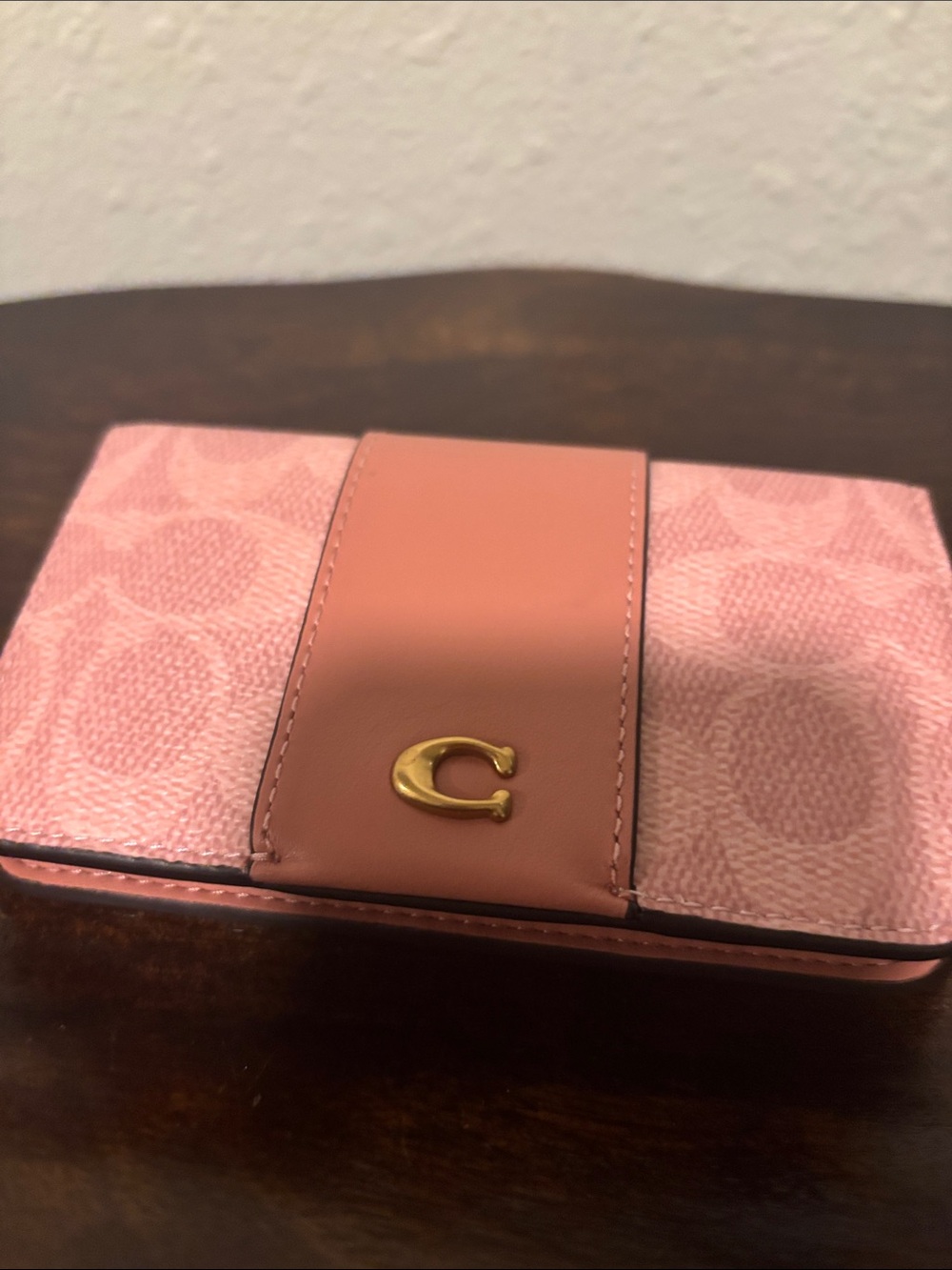 Coach Pink Signature Compact Wallet with Gold Accent